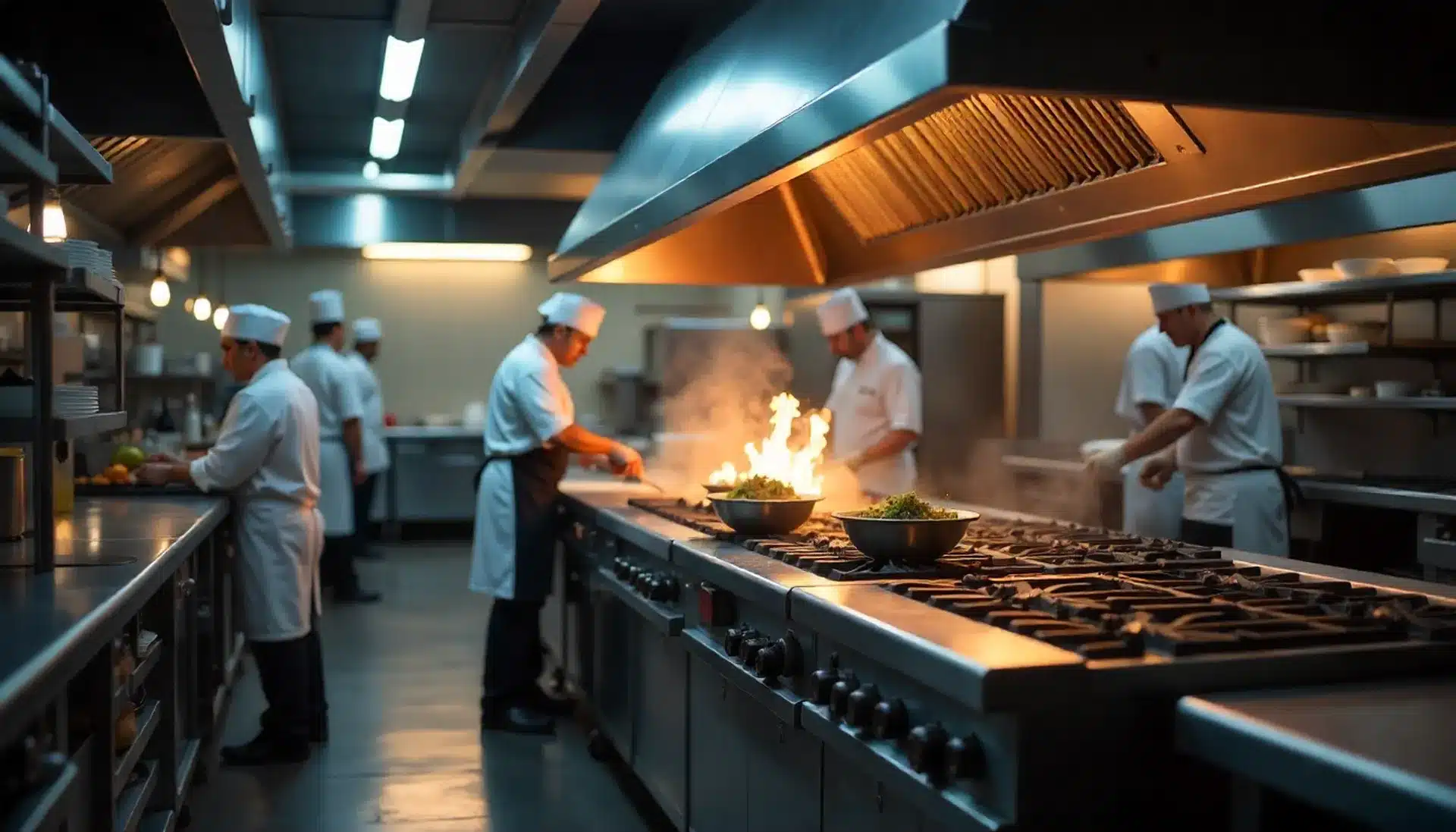 Cocina industrial de restaurante con campana de acero inoxidable AISI 304