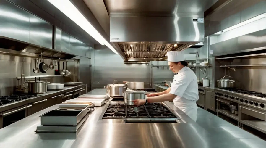 Cocina profesional con campana de extracción sobre la línea de cocción