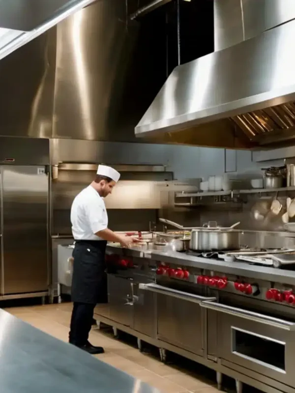 Cocina de restaurante con sistema de extracción gastronómica en funcionamiento