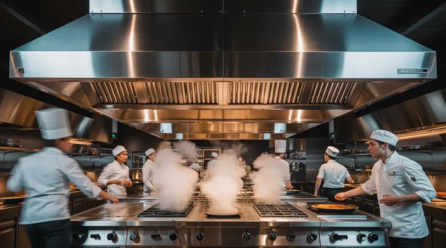 Cocina comercial en operación con campana gastronómica de acero inoxidable